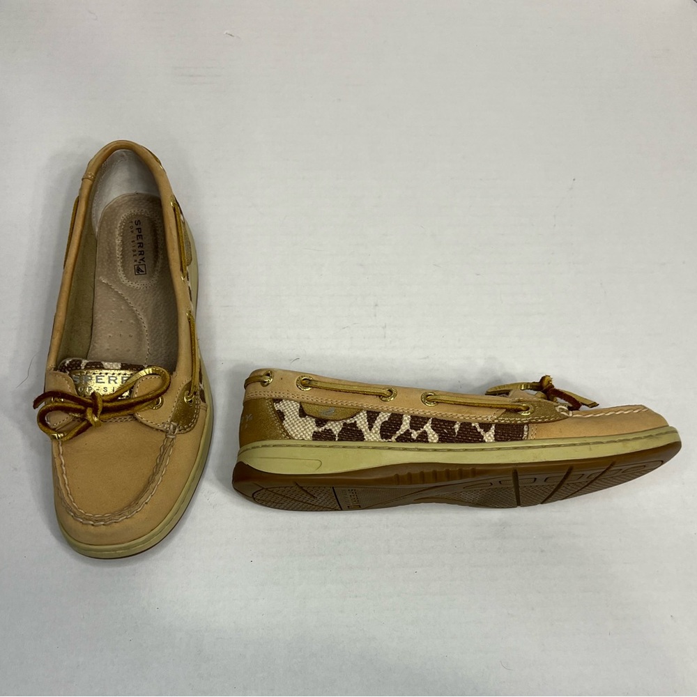 SPERRY ANGELFISH‎ LEOPARD JACQUARD SLIP-ON BOAT SHOES TOPSIDER TAN/GOLD SIZE 6.5